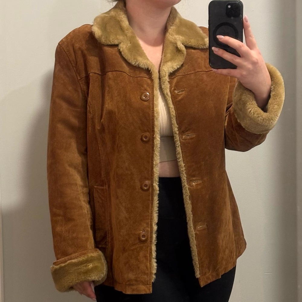 Vintage Fairweather Suede Leather Coat with Faux Fur Trim Size Large